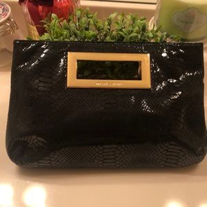 Michael Kors Clutch Black Leather Gold Trim Snap Magnetic Closure Berkley Snake